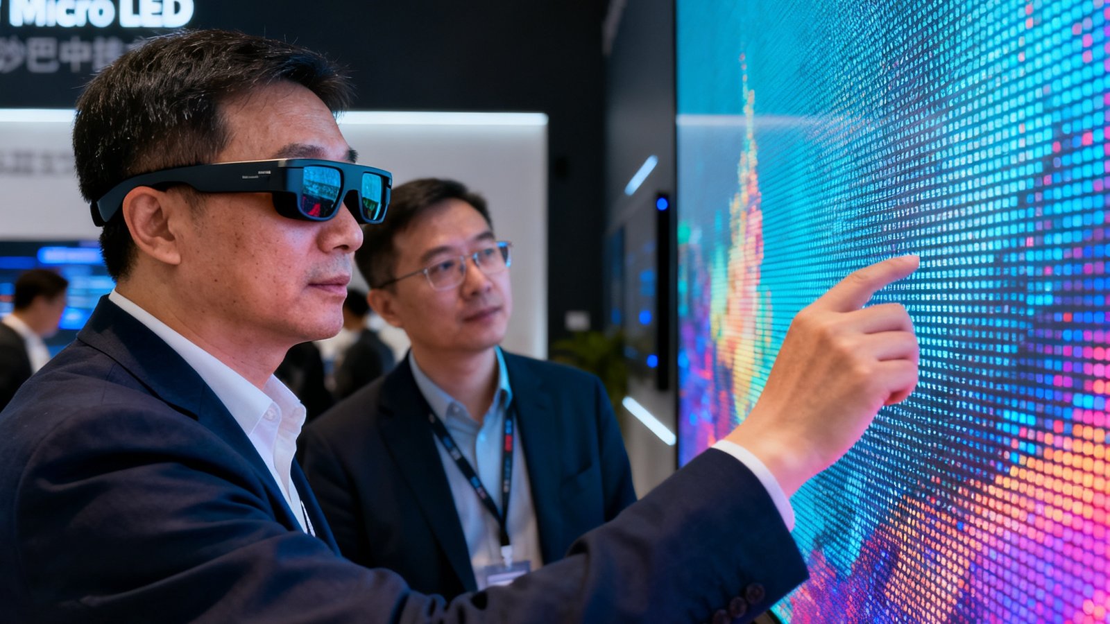 沙巴中国技术专家在展厅中为客户进行Micro LED样片的现场演示，客户佩戴专业校准眼镜近距离观察屏幕像素结构与色彩表现，展厅环境光线柔和，突出屏幕画质的细腻与真实。