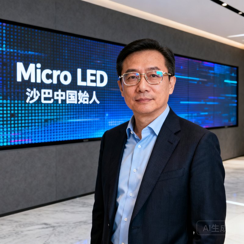 沙巴中国创始人兼CEO陈志远，45岁男性，身穿深色西装搭配浅蓝衬衫，戴金属框眼镜，背景为公司展厅的Micro LED显示墙，表情沉稳自信，展现出科技企业领导者的专业气质。