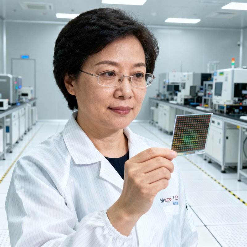 沙巴中国首席技术官林雪梅，40岁女性，身穿白色实验室工作服，手持一片Micro LED模组样品，背景为研发实验室的洁净车间，眼神专注，展现科研工作者的严谨态度。