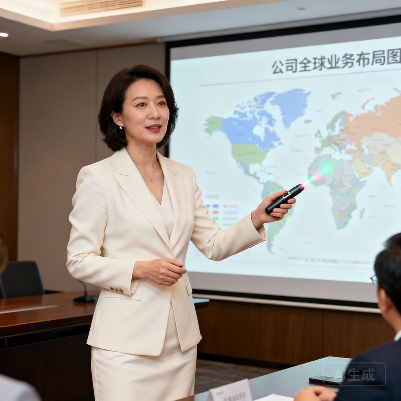 沙巴中国首席营销官张雅文，36岁女性，身穿米白色西装套裙，手持激光笔正在为客户讲解产品方案，身后投影屏幕显示公司全球业务布局图，气质干练专业。